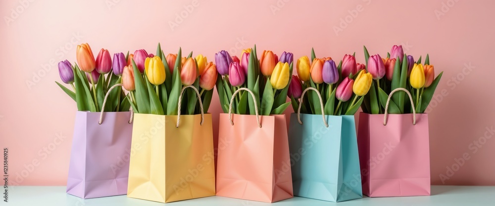Obraz premium Five colorful paper bags, each filled with tulips of different colors (purple, yellow, orange, blue, and pink) arranged in a row on a light surface.