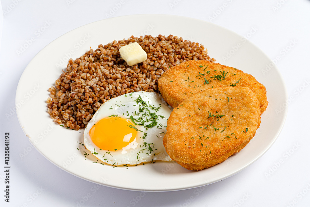 Savor a delightful breakfast made with crisp, golden patties beside a vibrant sunny-side up egg. 