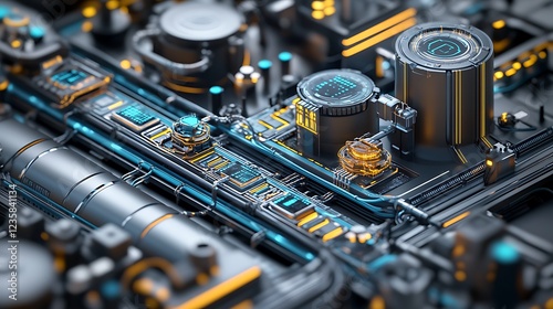 A complex 3D illustration of a futuristic data stream, emphasizing the intricacies of data transfer technology. The cyberpunk-themed scene includes big data, cybersecurity, and blockchain