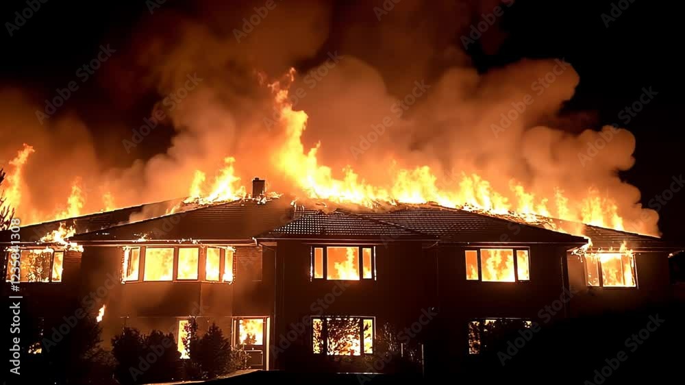 Intense Nighttime House Fire with Flames Illuminating Surroundings Intense Nighttime House Fire with Flames Illuminating Surroundings
