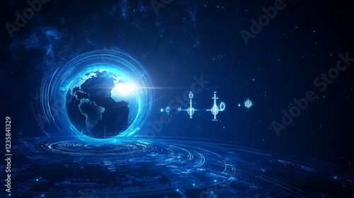 A dark blue backdrop with a glowing Earth and spinning technological rings, representing global communication, with religious symbols faintly glowing in the distance.