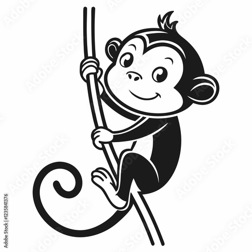 Cute cheerful monkey climbing a vine illustration on white background for animal and cartoon concepts