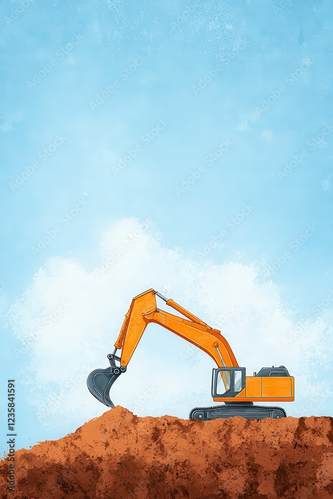 Excavator on Construction Site with Blue Sky Background