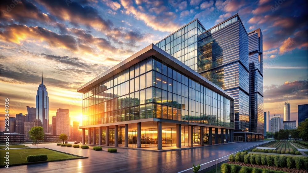 Obraz premium Modern office building with city skyline at sunset, modern, metropolitan, modern, metropolitan, office space