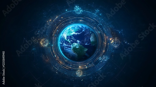 A dark blue background with Earth at the center, surrounded by glowing rings representing global communication systems, with subtle movement and religious iconography.