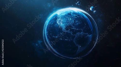 A deep blue planet Earth with abstract technological rings and moving communication satellites, illuminated by a soft religious light effect, symbolizing global unity.