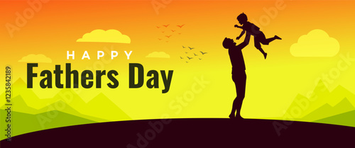 Happy Fathers Day banner with father and child silhouette playing at sunset. Vibrant orange and yellow sky with green hills, clouds, and flying birds. Perfect for celebrations.