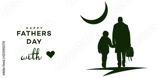 Heartwarming minimalist silhouette illustration of a father and child holding hands, walking together. Features Happy Fathers Day with heart text, perfect for celebration.