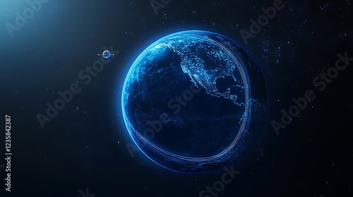 A deep blue planet Earth with abstract technological rings and moving communication satellites, illuminated by a soft religious light effect, symbolizing global unity.