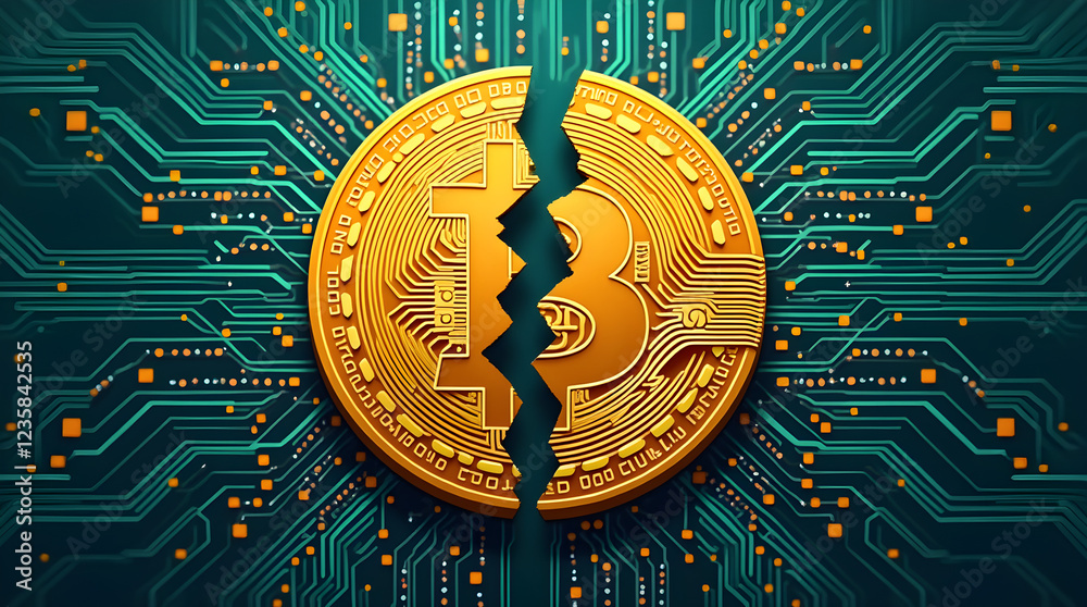 Cracked Bitcoin Cryptocurrency: Digital Currency Crisis, Blockchain Technology Failure, Financial Market Instability, Gold Coin Fractured Cracked Bitcoin Cryptocurrency: Digital Currency Crisis, Blockchain Technology Failure, Financial Market Instability, Gold Coin Fractured