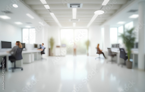Blurred empty open space office. Abstract light bokeh at office interior background for design.

