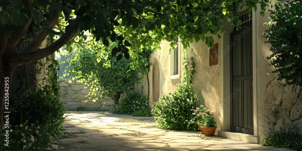 Fototapeta premium Sunlit Mediterranean alley, stone houses, lush foliage, peaceful background, ideal for travel brochures.