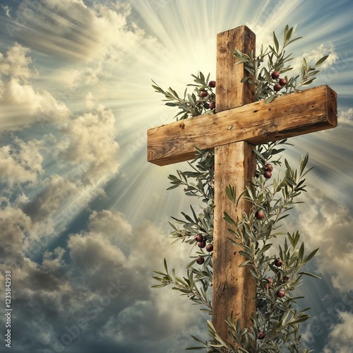 Wooden cross adorned with olive branches, set against a radiant sky with sun rays, symbolizing religious significance and divine light.
 photo