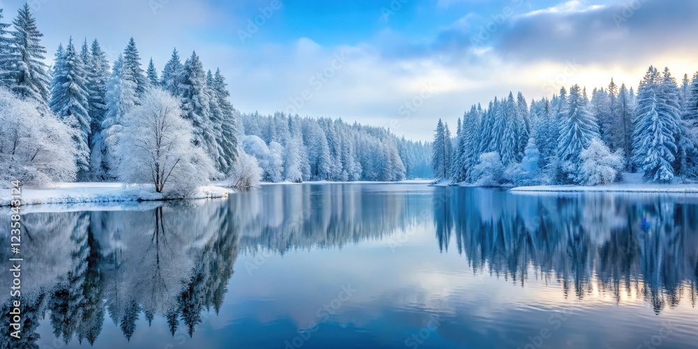 Serene snow-covered forest with a frozen lake and trees covered in frost, surrounded by silence and stillness , isolated Serene snow-covered forest with a frozen lake and trees covered in frost, surrounded by silence and stillness , isolated