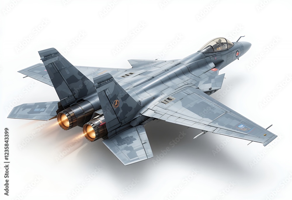 Modern military jet with dual engines and camouflage pattern on white background Modern military jet with dual engines and camouflage pattern on white background