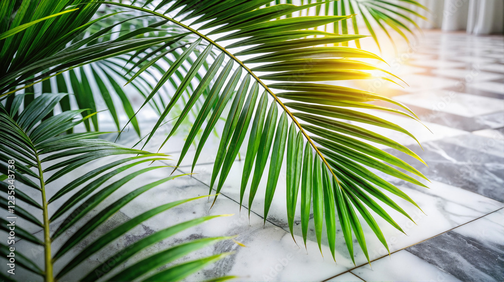 Fototapeta premium Green palm leaves in modern indoor setting