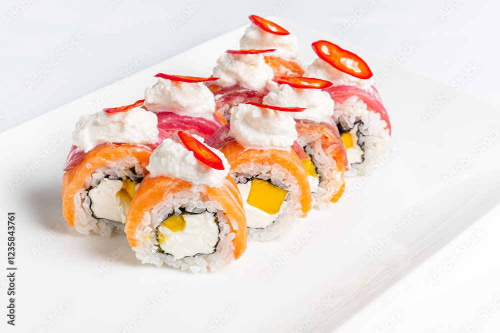 Colorful sushi rolls showcase layers of fresh fish and creamy filling, beautifully arranged and topped with dollops of cream and slices of chili, inviting a delicious exploration. Colorful sushi rolls showcase layers of fresh fish and creamy filling, beautifully arranged and topped with dollops of cream and slices of chili, inviting a delicious exploration.