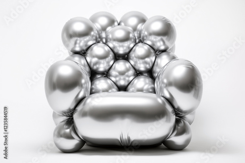 armchair is made of many silver shiny color metallic balloons isolated on white