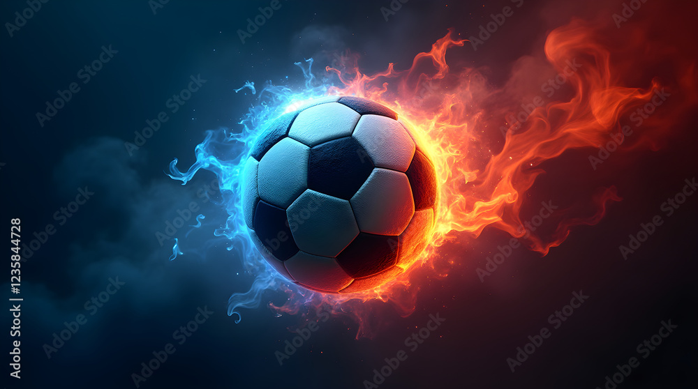 Fototapeta premium Fiery Football: Blazing Soccer Ball in Ice and Fire Digital Art Wallpaper Background