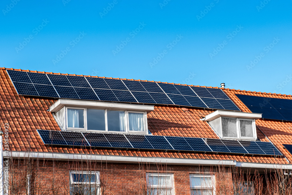 Fototapeta premium Solar Panel House Roof Generator Energy The Hague Netherlands Blue Sky Sun