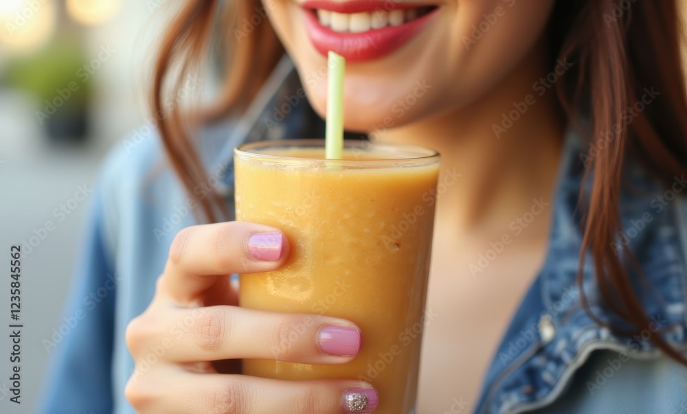 Smiling woman enjoying smoothie drink Smiling woman enjoying smoothie drink