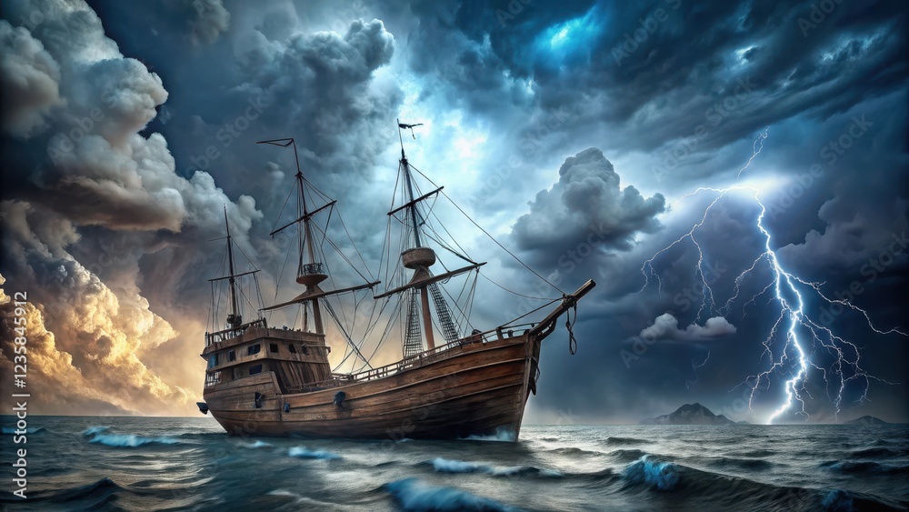 Obraz premium Weathered wooden hull of an old sailing vessel amidst turbulent stormy seas and dark grey clouds with lightning flashing in the background, shipyard, boats
