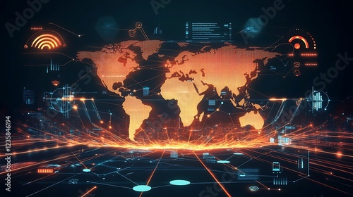 A digital representation of a connected world with a glowing world map, dynamic lines, and symbols of advanced wireless data and high-speed internet transmission.