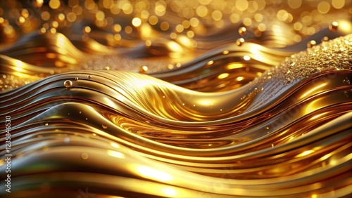 Glittery gold swirls in a metallic liquid, with reflective surface and wavy motion, gold, reflective,  gold