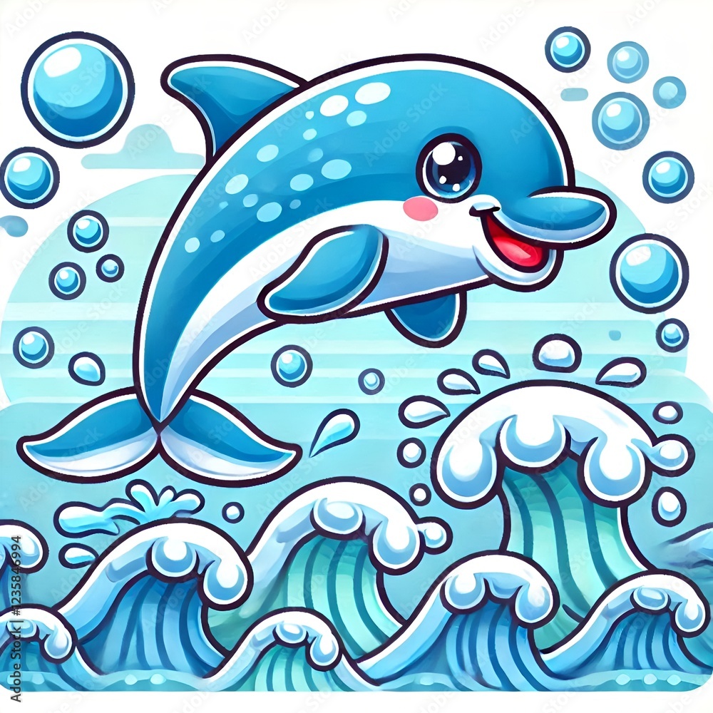 Obraz premium Playful dolphin jumping through waves with bubbles in a colorful underwater scene, marine fun concept