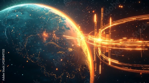 A digital vector representation of Earth with glowing communication rings and orbiting satellites, infused with a subtle religious light effect and a sense of motion.