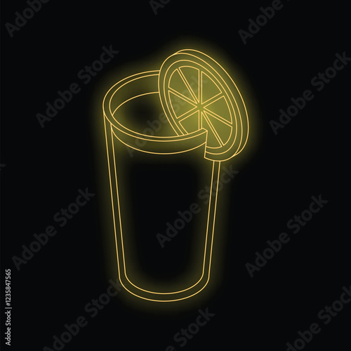 Glowing yellow neon illustration of a highball cocktail glass with a citrus garnish