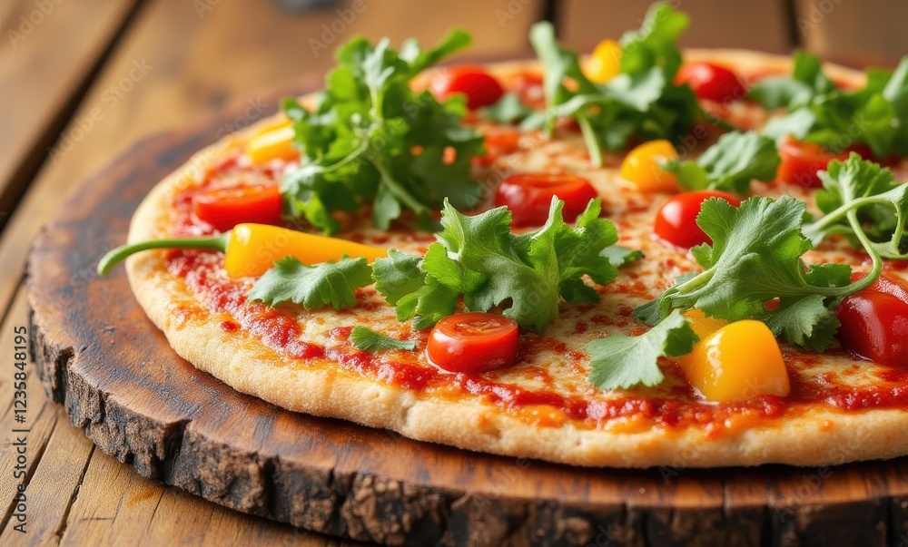 Colorful vegetable pizza on wooden board Colorful vegetable pizza on wooden board