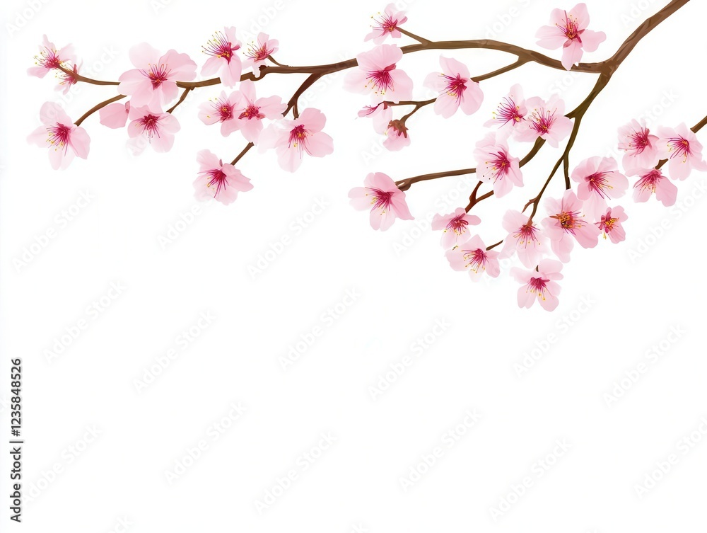 Naklejka premium A beautiful cherry blossom branch adorned with pink flowers, symbolizing spring and renewal against a white background. for wedding card