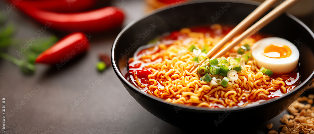 A delicious bowl of spicy ramen topped with green onions and a soft-boiled egg, perfect for comforting meals. A delicious bowl of spicy ramen topped with green onions and a soft-boiled egg, perfect for comforting meals.