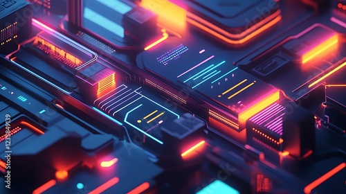 A dynamic 3D illustration of a futuristic data stream, highlighting data transfer technology within a cyberpunk framework. The visual emphasizes the flow of big data, cybersecurity measures,