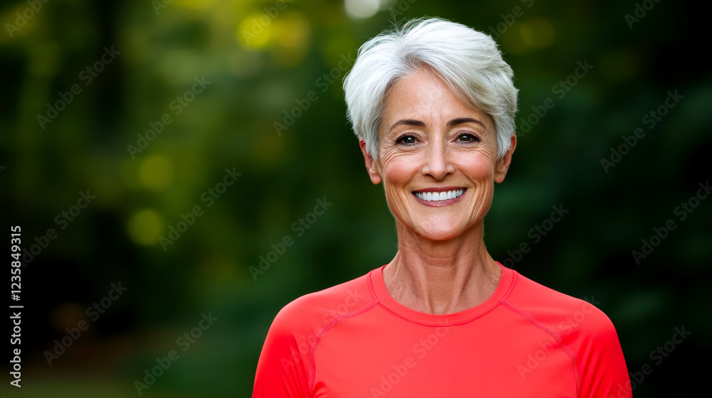 A smiling older woman in a bright red shirt stands outdoors, surrounded by greenery, exuding confidence and vitality. A smiling older woman in a bright red shirt stands outdoors, surrounded by greenery, exuding confidence and vitality.