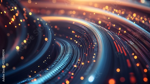 A dynamic 3D illustration of a futuristic data stream, highlighting data transfer technology within a cyberpunk framework. The visual emphasizes the flow of big data, cybersecurity measures, 