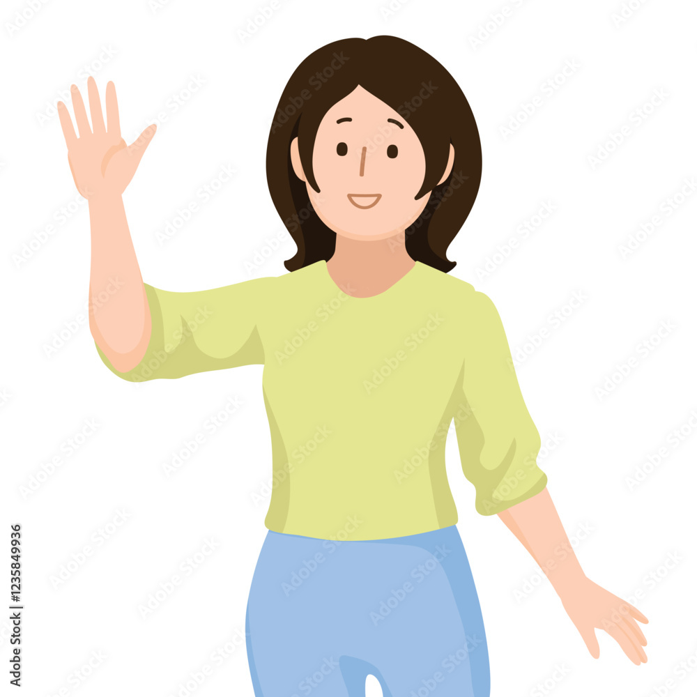 Cartoon people character design An Asian woman waving in a greeting gesture Cartoon people character design An Asian woman waving in a greeting gesture