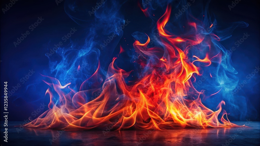 Fototapeta premium Vibrant red flames dancing on a dark blue canvas, surrounded by an aura of fiery energy, red flame, fire, red flame
