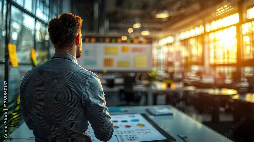 Fototapeta premium Businessman Analyzing Data Charts in Modern Office Environment