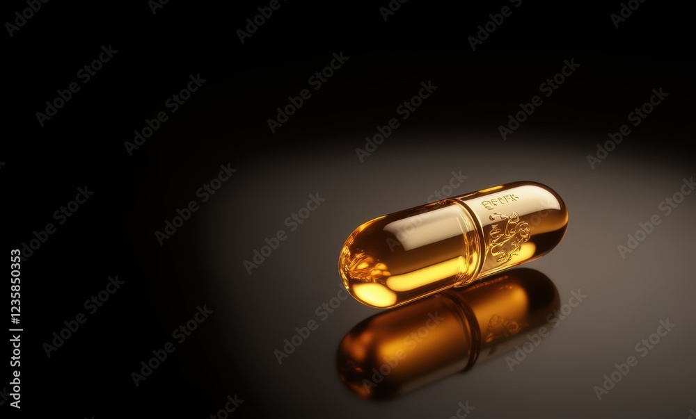 Shiny golden capsule on reflective surface Shiny golden capsule on reflective surface
