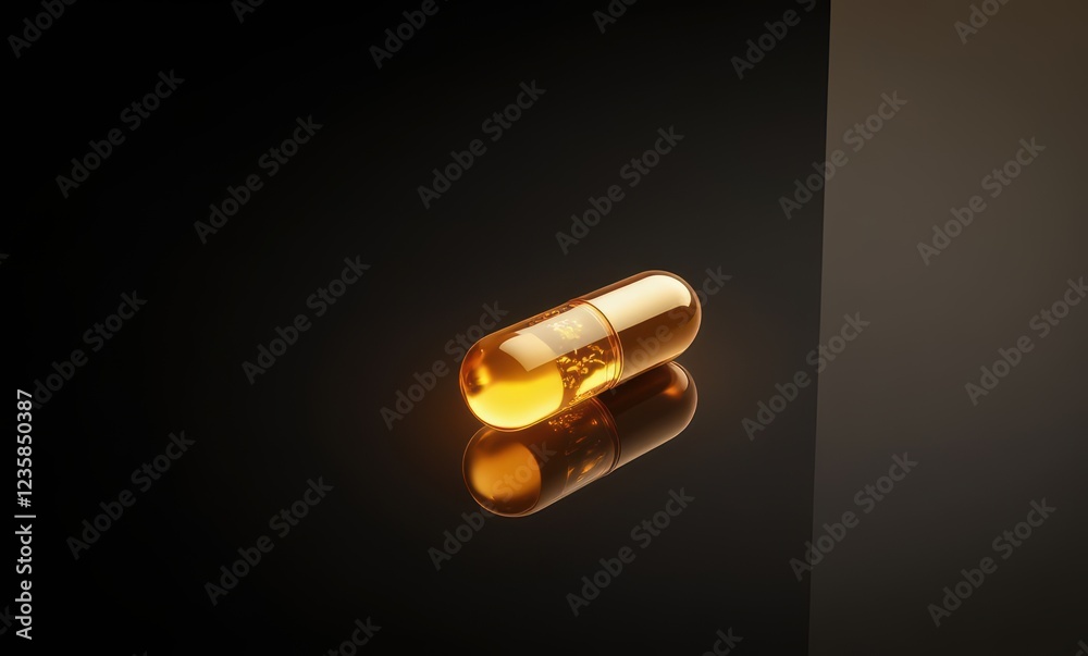 Shiny gold capsule on reflective surface Shiny gold capsule on reflective surface
