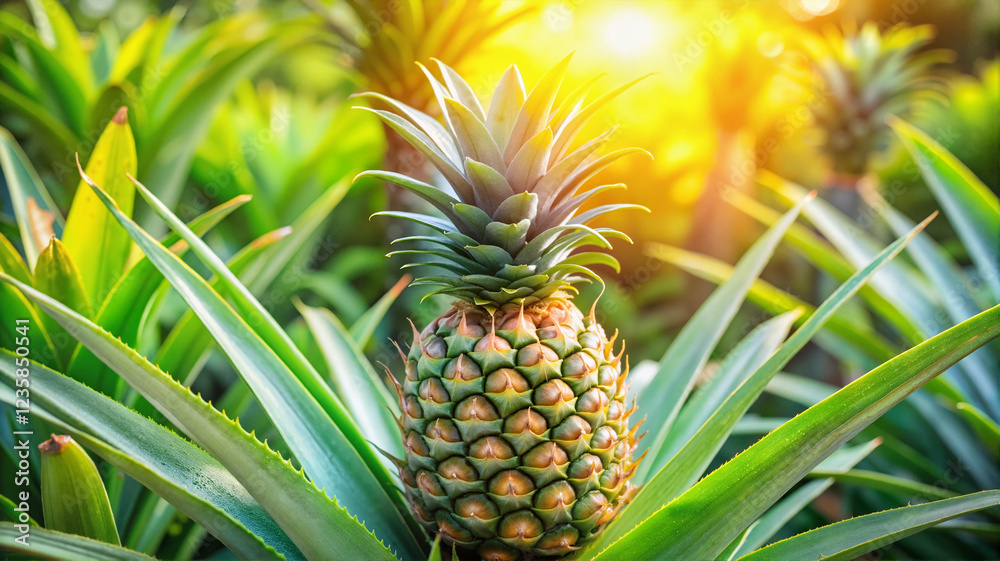Pineapple plant growing in a tropical field at sunrise