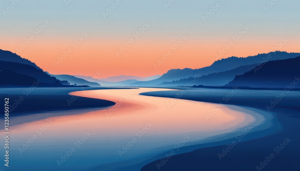 Fototapeta premium Serene Sunset River Winding Through Mountains