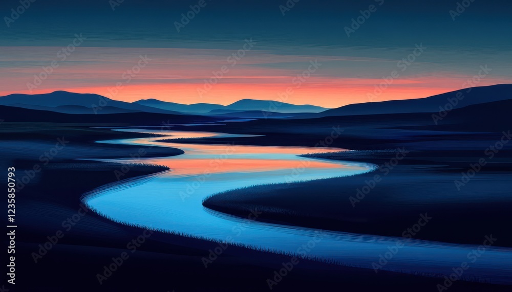 Fototapeta premium Serene River Winding Through Majestic Mountains at Sunset