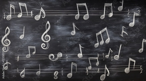Chalkboard with Musical Notes and Symbols Representing the Creative and Expressive Nature of Music and Composition