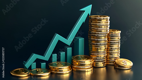 Stock market concept illustration. Below the arrows, there is a series of 3D bar charts in alternating gold colors, representing financial data. To the right of the graph, several 3D coins with golden