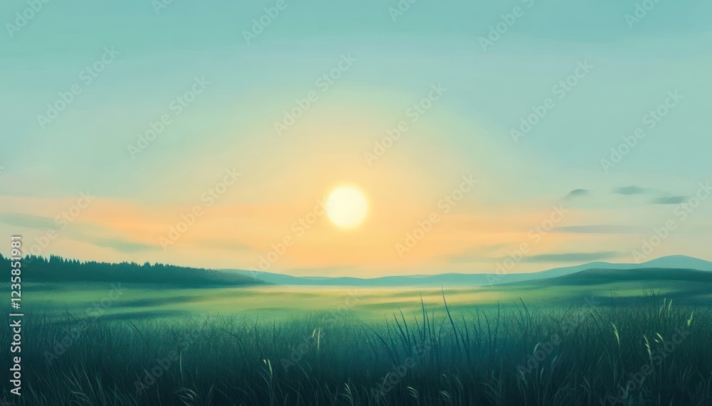 Fototapeta premium Serene Sunset Over Rolling Green Fields and Distant Trees