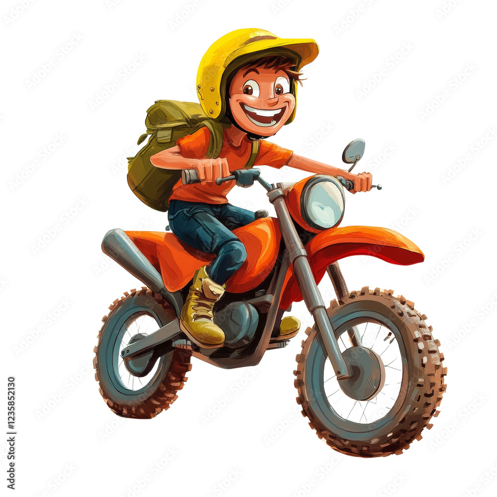 A cheerful boy wearing a helmet and backpack rides an orange dirt bike with enthusiasm. A cheerful boy wearing a helmet and backpack rides an orange dirt bike with enthusiasm.