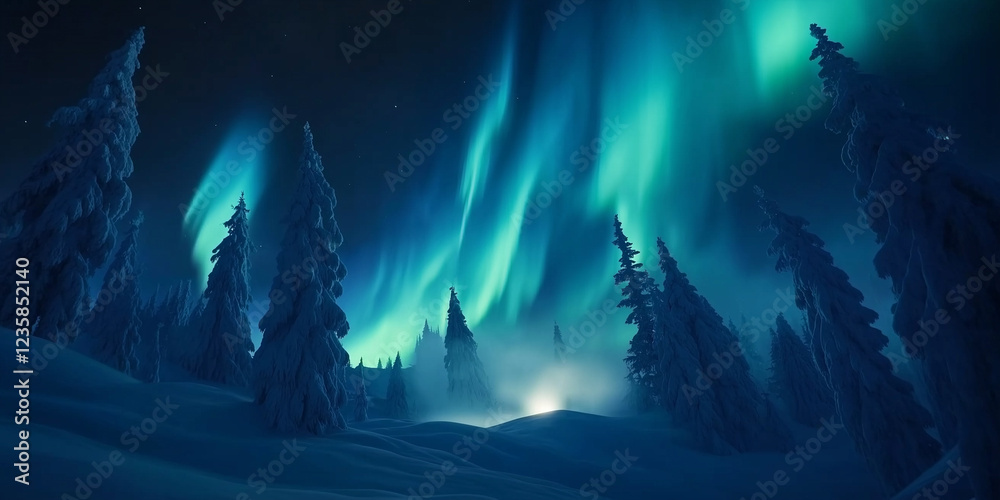 Fototapeta premium Mesmerizing Green Aurora Over Snowy Trees